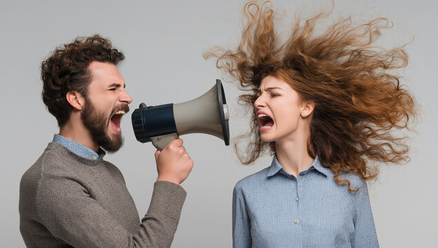 A man with his curly hair blowing in the wind is yelling into a megaphone at a woman who has her head down and looks sad