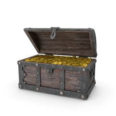 Old Wooden Treasure Chest Full of Gold Coins isolated on transparent background