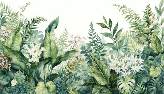 Watercolor illustration rich botanic garden with abundant green foliage, delicate white blossoms. Features large tropical leaves, ferns creating seamless natural pattern. Ideal for wallpaper interior