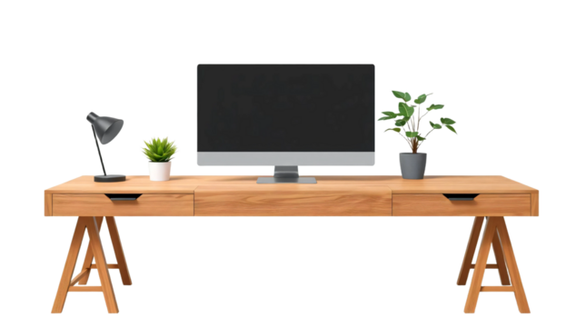 Modern wooden desk setup with computer and plant isolated on transparent background