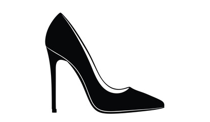 Elegant black stiletto high heel shoe silhouette with a pointed toe and slender heel isolated on a white background