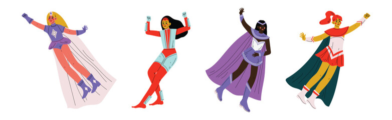 Strong Girl in Heroine Costume with Cloak Vector Set