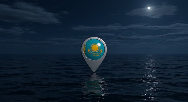 Kazakhstan flag pin on ocean water glows in moonlit night location - Powered by Adobe