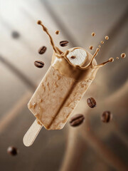 Ice Cream Bar Dipped in Chocolate Splash.  Creamy vanilla ice cream bar surrounded by a dramatic splash of melting chocolate, and coffee beans suspended mid-air.