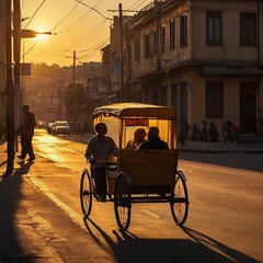 Obraz premium Golden Hour Ride: A rickshaw transports passengers down a sun-drenched street, illuminated by the warm glow of the setting sun, capturing the charm of urban travel and the beauty of the golden hour.