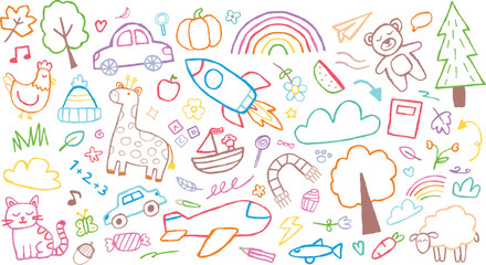 Kid hand drawn background. Colorful illustrations of animals, trees, cars, rockets, and playful elements.