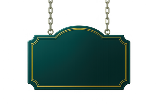 Green rectangular sign with golden border hanging from two chains, isolated on transparent background, perfect for adding custom text or designs