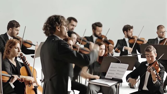 Professional orchestra conductor directing talented musicians playing string instruments on a white background