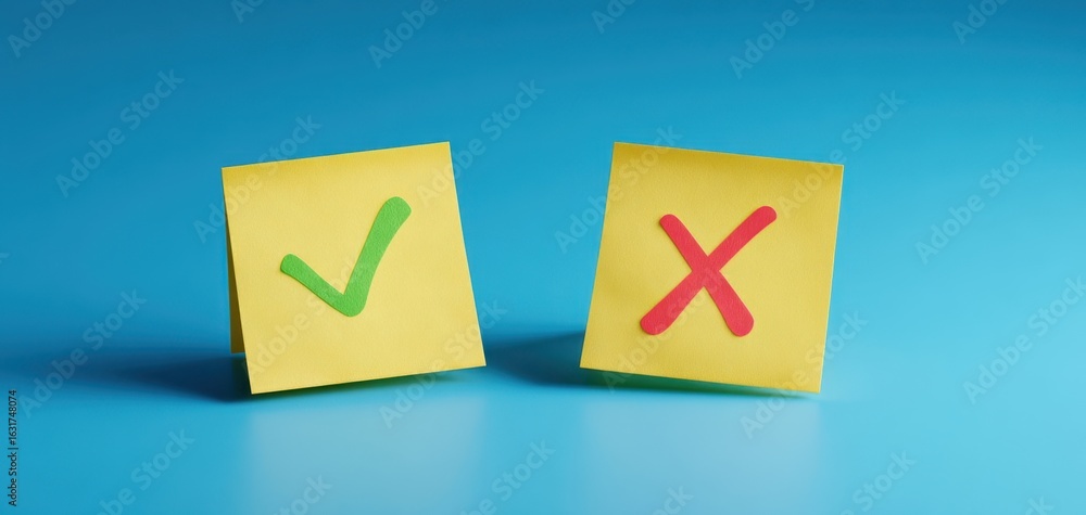 Poster the colorful sticky notes with checkmark and cross symbols against a blue background.