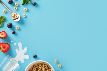 Card with cereal, milk, strawberries, blueberries, and mint on a blue background. Space for your text or design.
