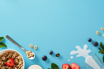 Healthy breakfast with cereal, milk, strawberries, blueberries, and mint on a blue background. Space for your text or design.