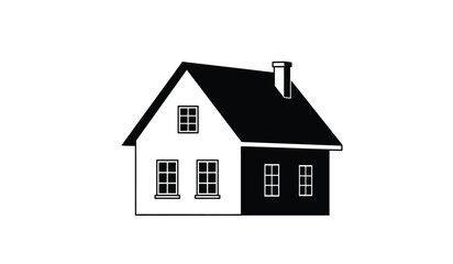 Simple black and white illustration of a two story house with a pitched roof and chimney featuring windows and a garage door