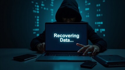 Data Recovery and Cybersecurity Threat: A hooded figure, shrouded in shadows, interfaces with a laptop displaying a critical Recovering Data... message.