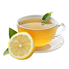 Refreshing Herbal Tea with Lemon Slice and Green Leaves, Wellness Drink for Health, Relaxation on transparent background