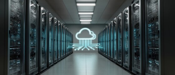 The high-tech server room with a glowing cloud computing icon.