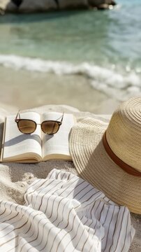 Aerial view of a serene beach setup with a straw hat, sunglasses, and an open book, capturing a relaxing vacation vibe perfect for a travel video. Live mobile wallpaper.