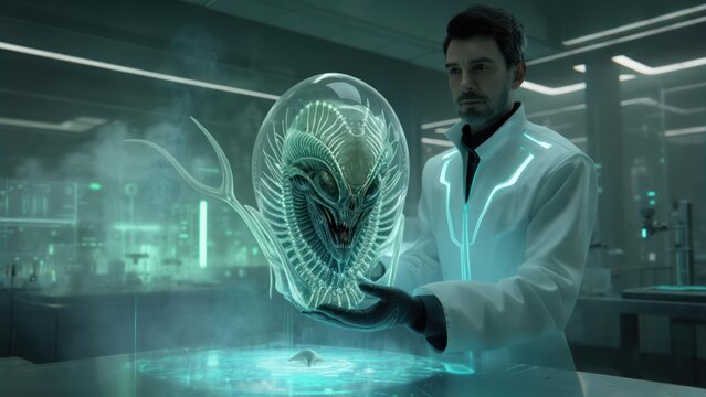 Futuristic scientist examines alien egg