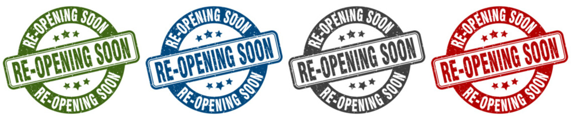 re-opening soon stamp. re-opening soon round stamp set isolated on white background