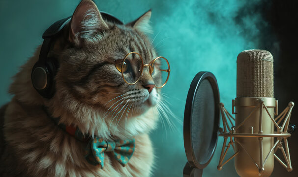 Funny cat wearing glasses, headphones with bow tie speaks into pro microphone in studio. Cute kitten looks like podcast host radio broadcaster, capturing attention with humorous, creative, tech-savvy - Powered by Adobe