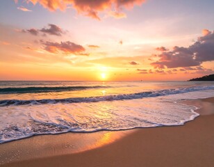 Obraz premium Serene sunset over tranquil ocean waves lapping a sandy beach