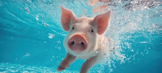 The playful pig swimming joyfully in a clear blue pool.