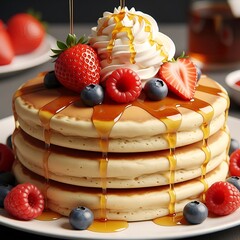 Stack of pancakes topped with whipped cream and berries, drizzled with syrup.