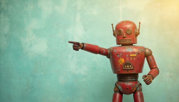 Retro red robot pointing with index finger to right side of frame. Rusty, vintage toy robot stands against textured teal blue wall. Futuristic concept, imagination, creativity, innovation, antique