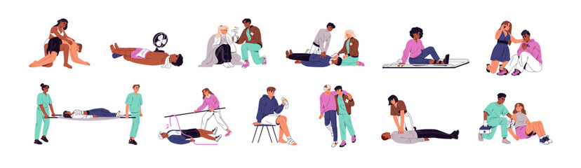 Set of first aid for victims of accidents. CPR, artificial respiration, applying of bandage, medical help in emergency. Firstaid at injury, heart attack. Flat isolated vector illustrations on white