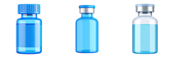 Fototapeta premium Three Dimensional Plastic Style Illustration Of Pharmaceutical Injection Vials With Blue Liquid Contents Against A Transparent Background