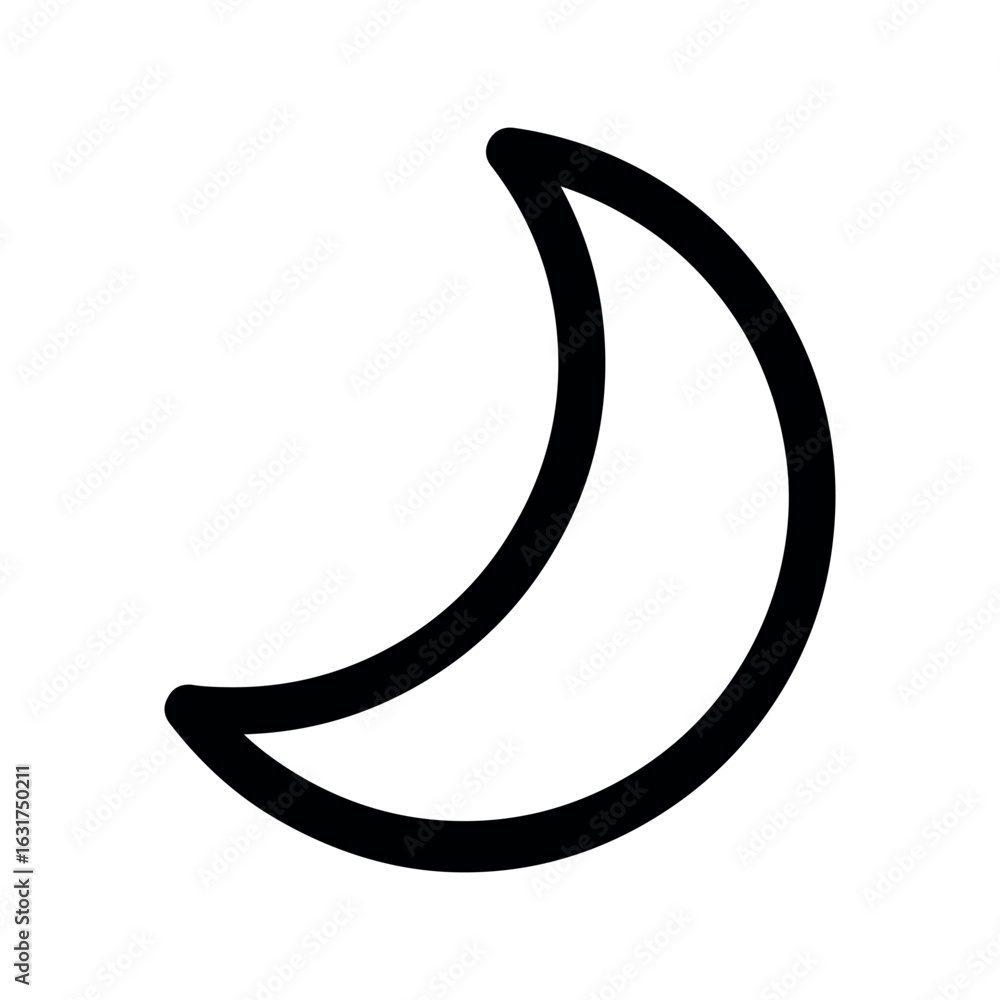 Poster a simple black outline drawing of a crescent moon shape on a white background in a minimalist style