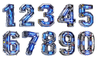 A complete set of futuristic, high-tech robotic numbers from zero to nine, featuring glowing blue neon lights and metallic details.