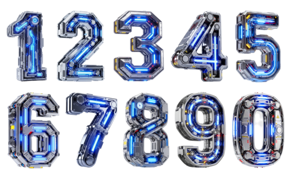 A complete set of futuristic, high-tech robotic numbers from zero to nine, featuring glowing blue neon lights and metallic details.