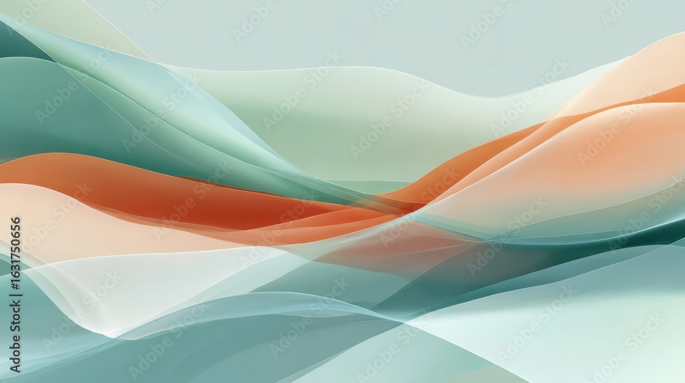 Poster abstract color waves: an artistic display of flowing waves in soothing hues of orange, teal, and whi
