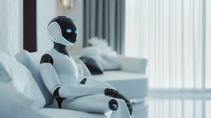 Robot sits quietly in modern living room, showcasing advanced design and technology during daylight hours