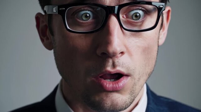 Close up of a businessman wearing glasses showing different expressions of surprise against a gray background