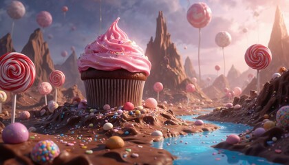 Vibrant fantasy world built from chocolate, candy features giant cupcake centerpiece. Rivers of blue liquid flow through landscapes of sweets, with lollipops dotting horizon. Sugar paradise scenery,