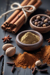 An arrangement of aromatic spices on a rustic dark wooden surface. A bundle of cinnamon sticks tied with natural twine, a wooden bowl filled with whole allspice berries, whole nutmeg, ground cinnamon 