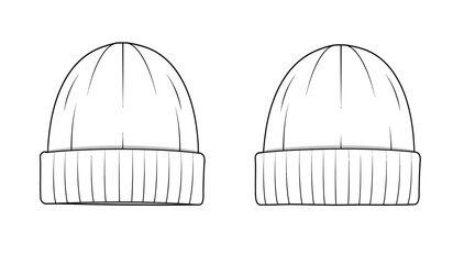 Two hand drawn black and white line art illustrations of a simple ribbed knit beanie hat viewed from the front
