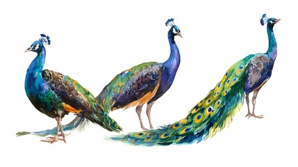 Obraz premium Watercolor illustration of an isolated standing peacock and peacock with stretched wings on a white background. Painting of a bird - peacock set