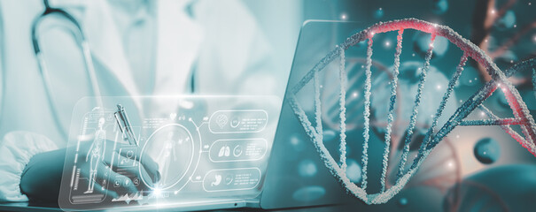 Genetic diagnostics innovation concept meets AI healthcare as doctor operates smart interface with DNA strands, biometric stats, and digital charts precision medicine, future-ready patient analysis.
