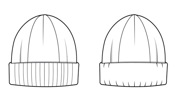 Detailed line drawing of a knitted beanie hat shown from the front and back with a folded cuff for fashion design and apparel creation