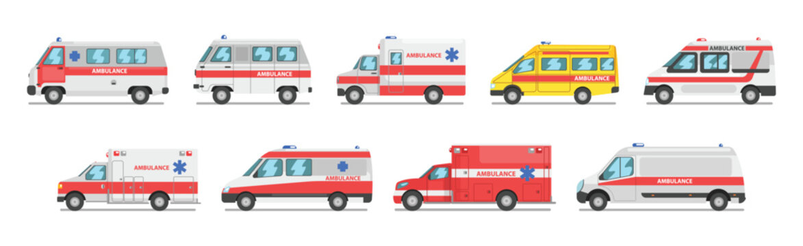 Ambulance Car and Emergency Case Rescue Vehicle Vector Set