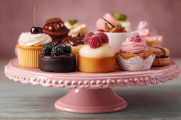 Berry Delightful Assorted Cupcakes Mini Desserts on Pink Pedestal Cake Stand Sweet Treats Display