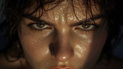 A powerful close-up portrait of a woman with a determined expression, her face covered in sweat. The intense eyes and lighting create a dramatic and strong visual