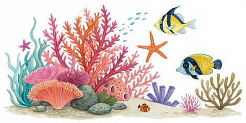 Colorful Marine Life and Coral Reef Ecosystem Illustration
