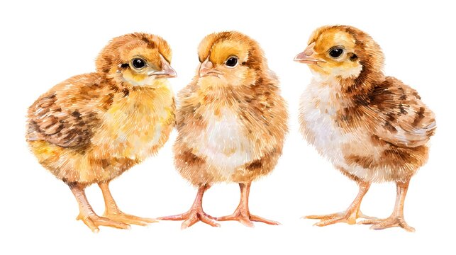 Set of fluffy poult and cracked eggs hand drawn in watercolor isolated on the white background. The symbol of spring, new life, nature's awakening and Easter celebration.