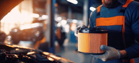 The mechanic inspecting a car air filter in an automotive workshop setting.