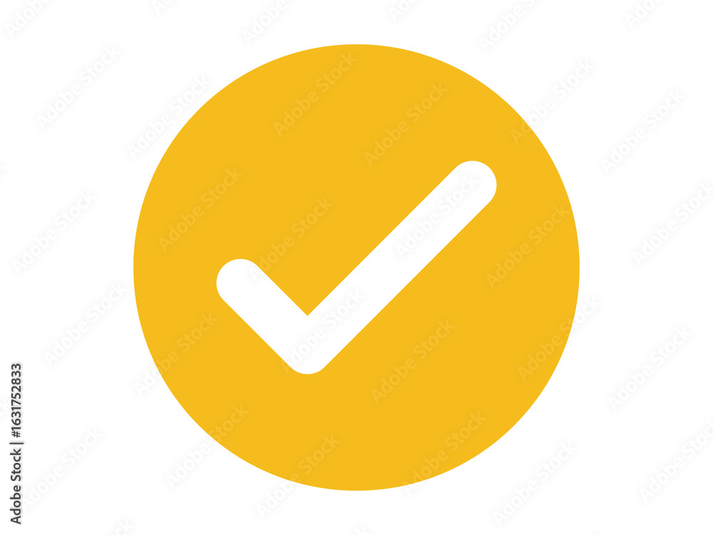Poster a yellow circle with a white check mark in the center on a white background simple and clean
