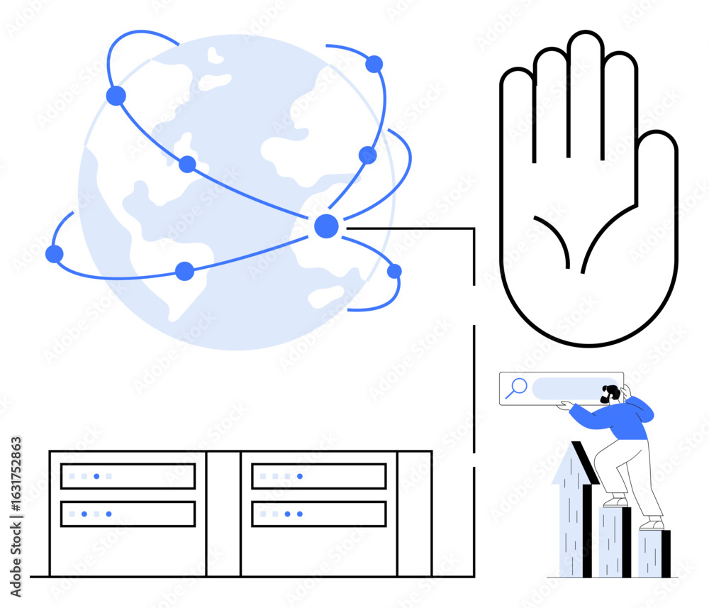 Poster earth with linked nodes, a hand representing security, data servers, and a person searching. ideal f