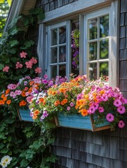 Naklejka premium Vibrant summer flowers spill from a bright blue window box, beautifully accenting a charming rustic cottage window with weathered wooden shingles, a picturesque and inviting home garden.